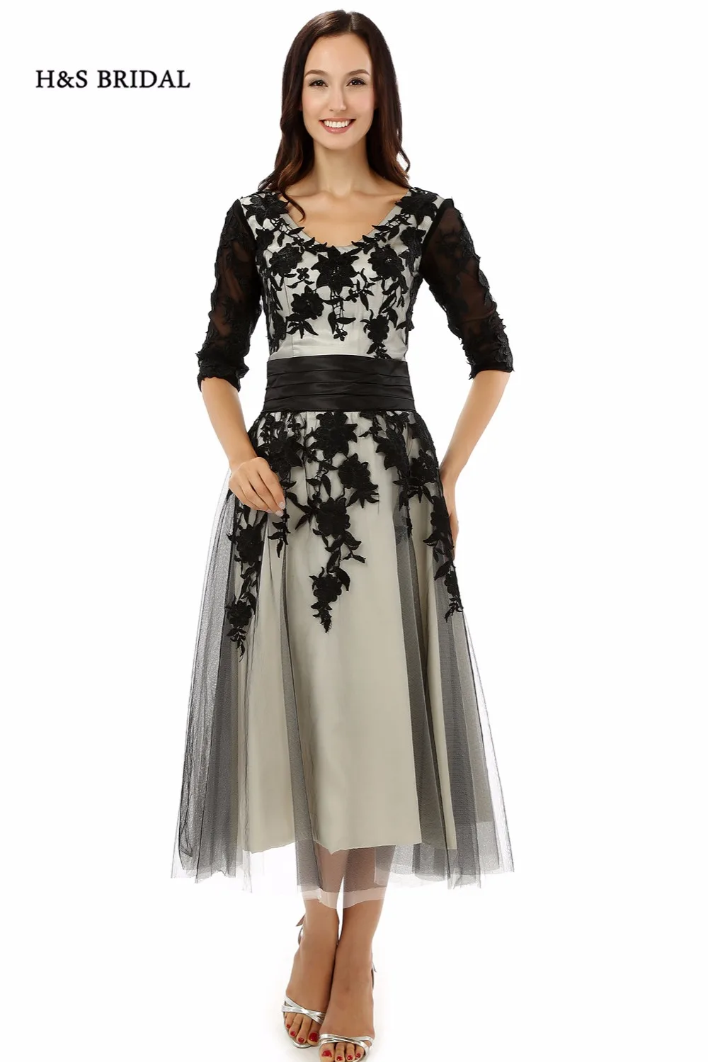 H& S Свадебные платья с v-образным вырезом и короткими рукавами с кружевной аппликацией и коротким рукавом для выпускного вечера женские вечерние платья до колена с рукавами