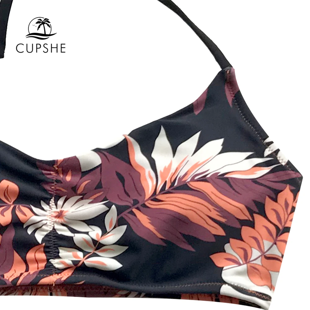 CUPSHE Leaf Print Reversible Bikini Set Women Mid Waist Backless Halter Two Pieces Swimwear 2019 Beach Bathing Suit Swimsuits