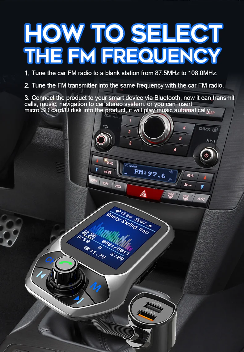 Fm-передатчик, Bluetooth, Автомобильный mp3 плеер, fm-модулятор, Aux, аудио, музыкальный адаптер, комплект громкой связи, QC3.0, 3USB, поддержка USB, флеш-драйвер