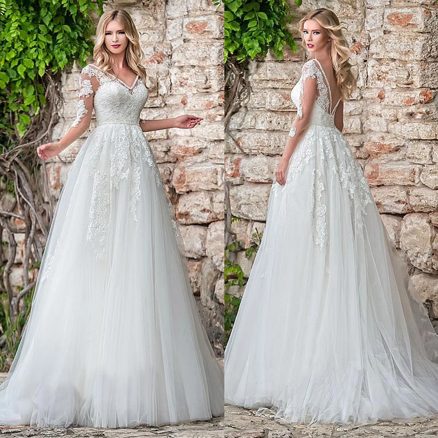 

Tulle V-neck Neckline A-line Wedding Dress With Lace Appliques Three Quarter Sleeves Bridal Gown vestidos de casamento