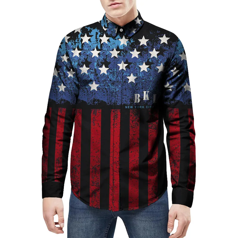  High Quality Men Shirt Long Sleeve Loose fit Star and stripe Print Turn-down Collar camisas Big Size Dress Shirts