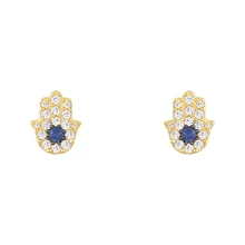 SLJELY женские ювелирные изделия из стерлингового серебра 925 пробы желтый золотой цвет на удачу Хамса серьги гвоздики микро Синий Циркон CZ ETE коллекция