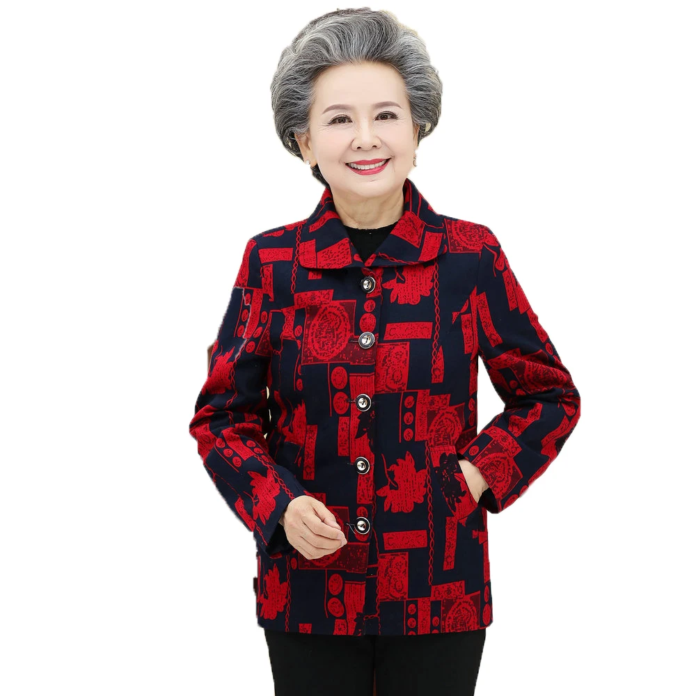 

Elderly Women Elegant Coats Chinese Pattern Print Jackets Grandma Mother Outerwear Plus Size Coat Button Front Jacket Female 60s