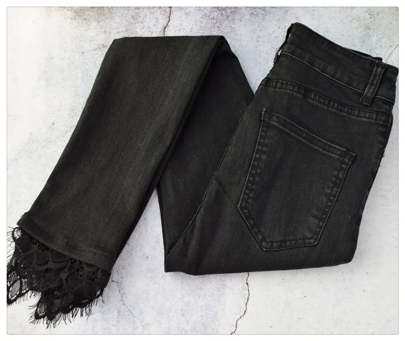 European and American women's wear high waist slender body elastic wash knees broken holes jeans nine trouser leg stitching lace super popular (17)