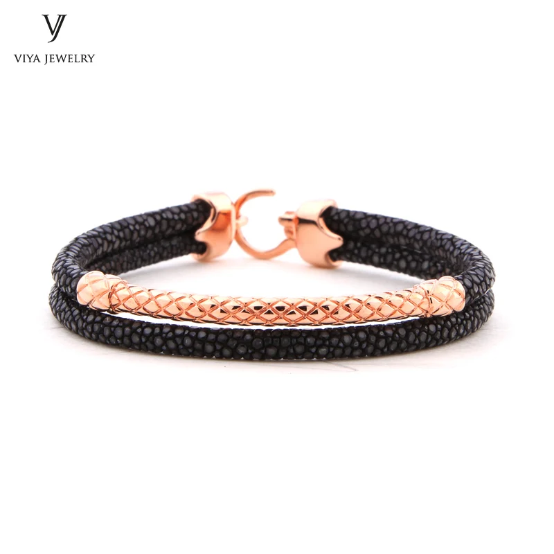 Handcrafted Luxury Custom Stingray Silver Bracelets Two hand-wrapped Stingray leather cords Men Bracelet With Pure Silver Clasp-VSST-03 (1)