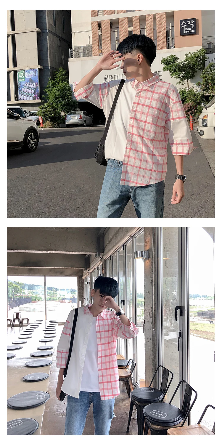 2019 летняя Корейская мужская Повседневная Свободная клетчатая однотонная хлопковая одежда с отворотами с рукавом, брендовая рубашка Homme m-xl