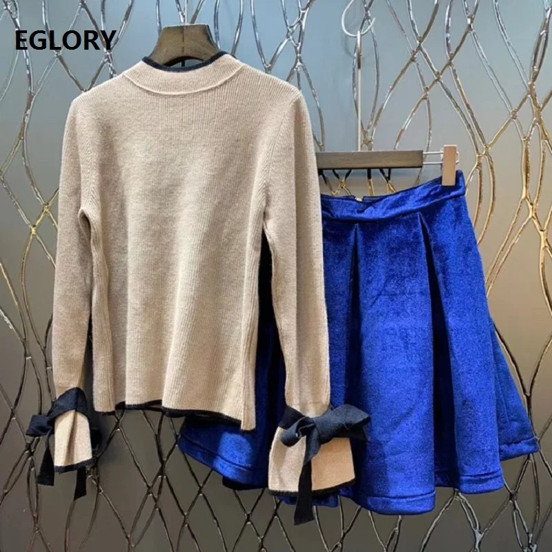 

High Quality Brand Sweater Skirt Suit 2019 Spring Two Piece Set Women Bow Tie Sleeve Knitted Pullovers+A-Line Pleated Skirt Set