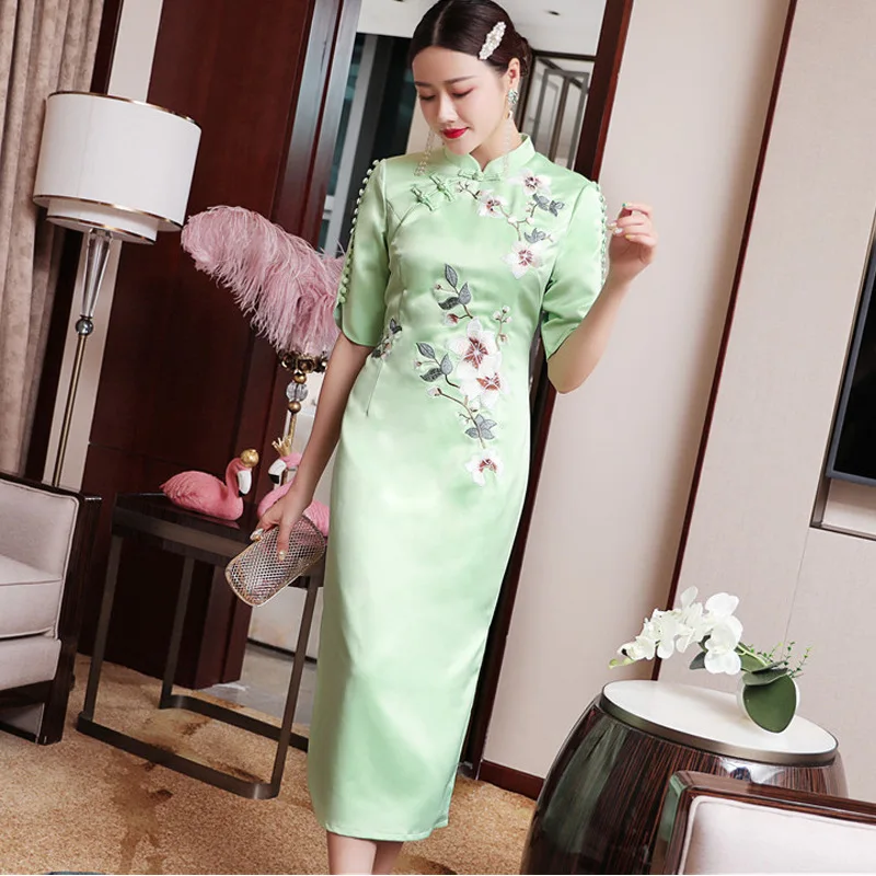 Высокое качество, брендовые китайские вечерние платья Qipao, винтажные женские платья, туника, пуговицы, изысканная вышивка, облегающее платье-футляр зеленого цвета