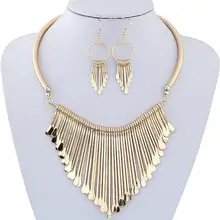 New Luxury Womens Metal Tassels Pendant Chain Bib Necklace and Earrings Jewelry Set Delicate Gift