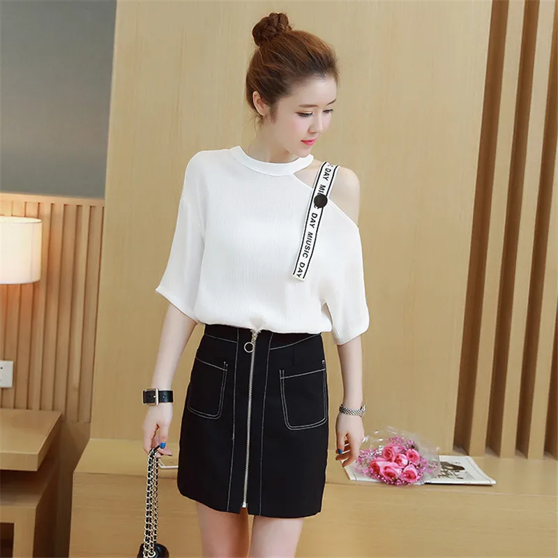  Korean  fashion women white  blouse black  zipper style 