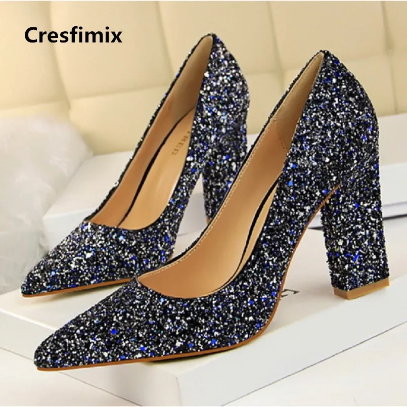 

Cresfimix women fashion sexy wedding silver square high heel shoes lady casual pointed toe night club high heel pumps a2780