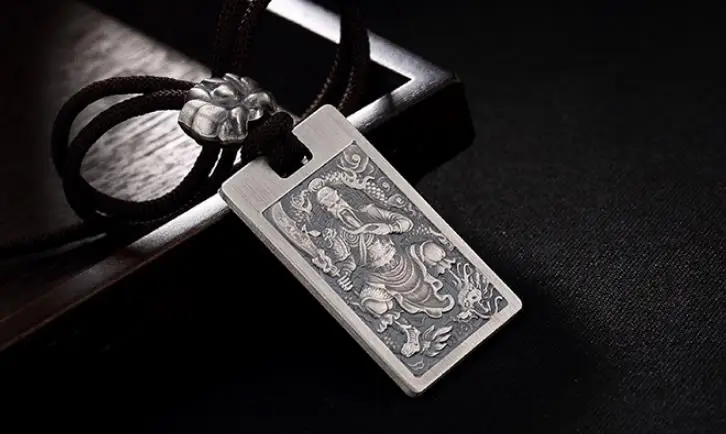 

Sterling S990 990 silver charm Guan yu Mammon Lotus ethnic vintage Pendant Chinese style
