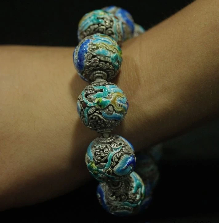 

Old tibet Silver Cloisonne 12 dragon beast adorn Talisman bracelet bangle A