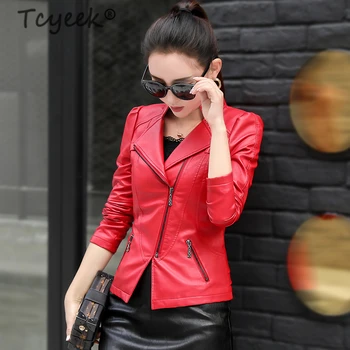

Tcyeek Plus Size Leather Jacket Women Fashion Black Red Motorcycle Coat Short PU Leather Biker Jacket Soft Jacket Female PY900
