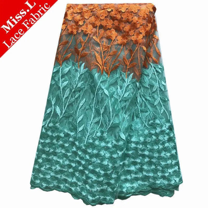 

High Quality Light Green And Orange Tulle Lace Fabric Embroidery With Stones Ornament,5 Yards Africa Net Laces For Dress Sewing