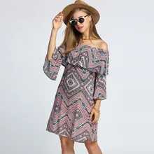 Bohemian Style Women Off Shoulder Dress Flare Sleeve Ruffles Boho Floral Print Casual Dress