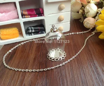 

50Sets 30mmx18mm opening clear glass globe necklace pendant, wish pendant, come with silver plated cap,free 70cm necklace chain