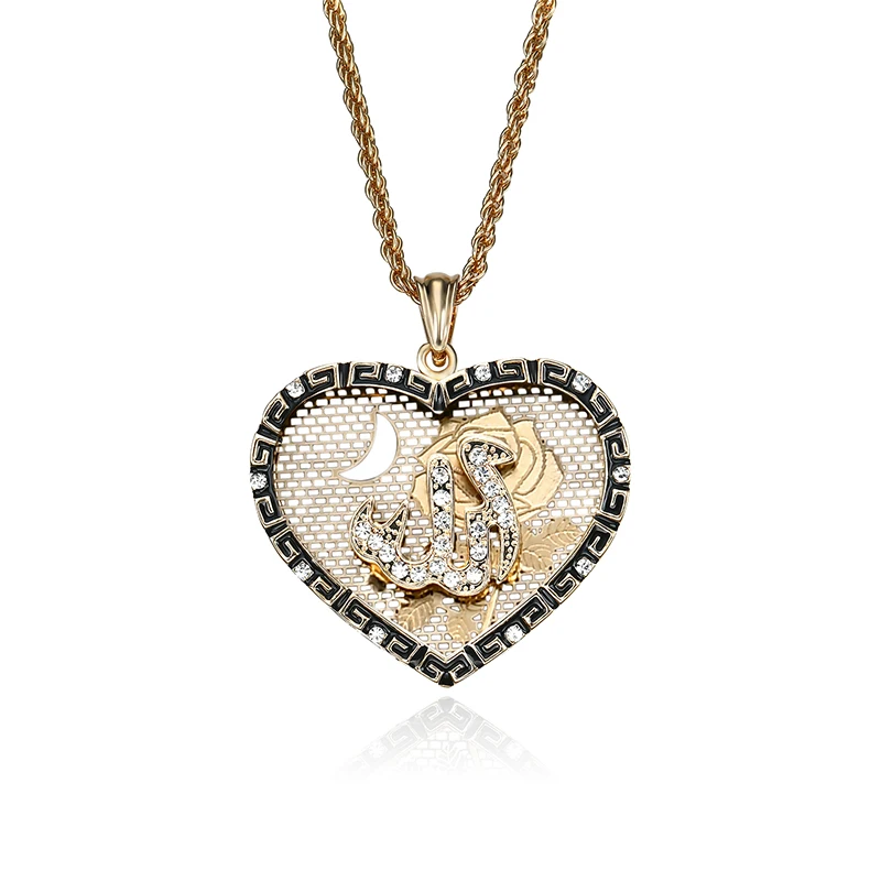 New Punk Geometric Round Waterdrop Heart Allah Necklaces Pendant For Women Men Crystal Long Necklace Arab Muslim Islam Jewelry