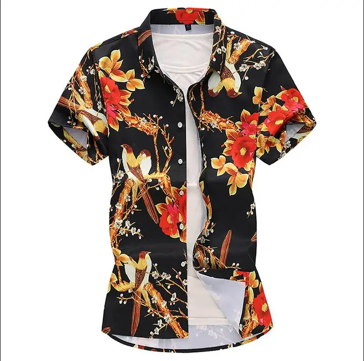 Летний модный бренд Для мужчин s рубашки Slim Fit Для мужчин с цветочным принтом Футболка с коротким рукавом Для мужчин Повседневное мужской гавайская рубашка плюс Размеры M-7XL
