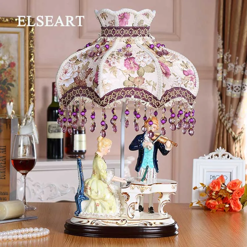 European Ceramics Lady playing piano Table Lights lover people figurine Study Room fabric lampshade - 32952573570