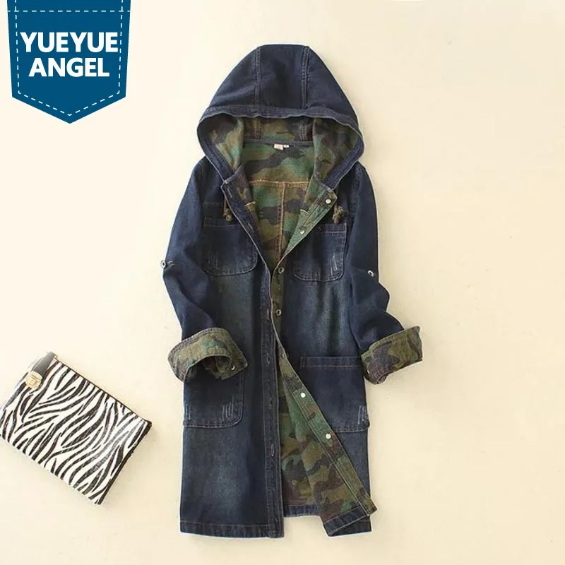 

2019 Vintage New Korean BF Style Demin Hooded Womans Jackets Long sleeved Jean Casual Camouflage Female Slim Fit Coats Windbreak