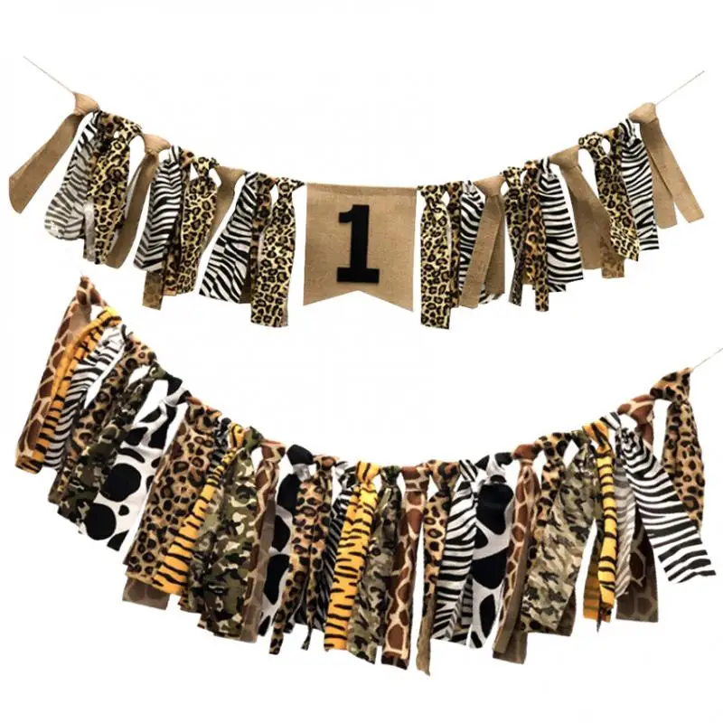 Creative Shabby Cloth Strip Banner Garland Leopard Print Rag Tied Banners for Baby Shower Baby's Birthday Party 
