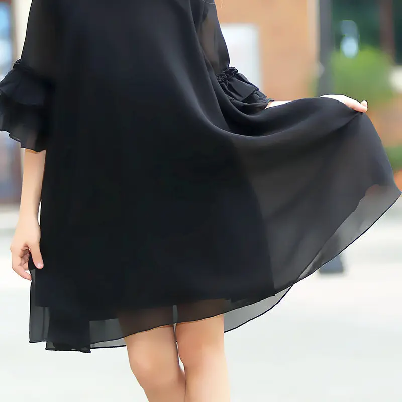 Летнее черное шифоновое платье для девочек; Классная детская одежда с рюшами на рукавах; одежда для подростков; вечерние платья для маленьких и больших девочек