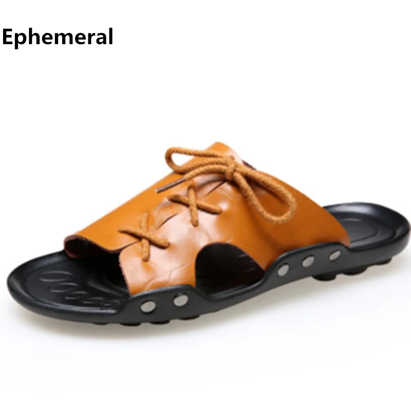 

Men shoes genuine leather cow split slippers summer slides outdoor footwear plus size 17-7 orange black white blue 2017 fashion