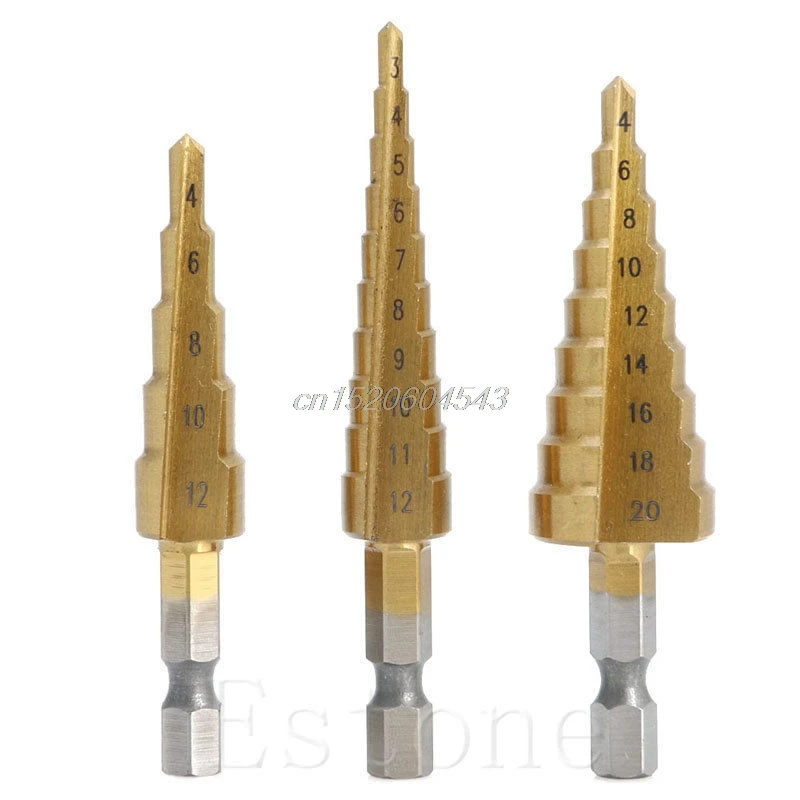 3Pcs HSS Steel Step Cone Gold Drill Titanium Coated Wood Hole Cutter Bit Set