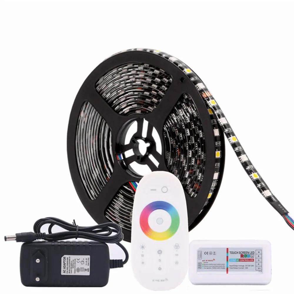 

DC12V RGB LED Strip Waterproof Black PCB 5050 RGBW RGBWW LED Light Strip Flexible Neon Tape 60LED/M + 2.4G Controller + Power