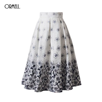 

ORMELL White Floral Midi Skirts Women New High Waist Pleated Elegant Skirt Faldas Saia Ladies Jupe Femme A line Skater Skirt