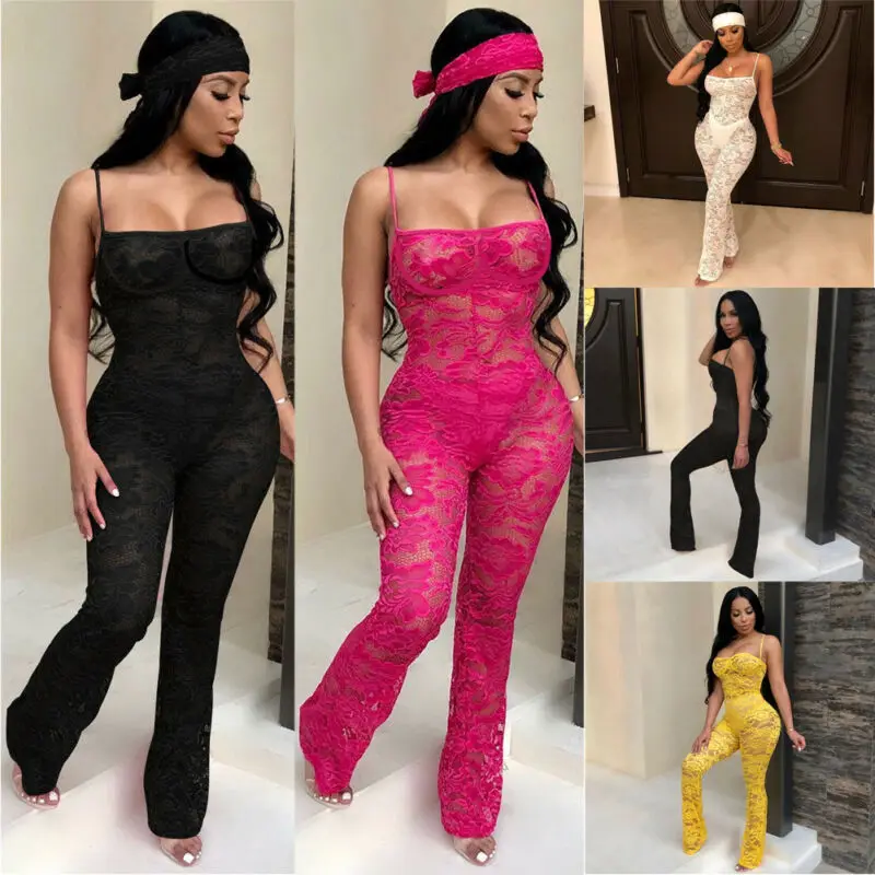 

Hirigin Sexy Women's Lace Sleeveless Sling Bodysuit Jumpsuit Clubwear Bodycon Trousers