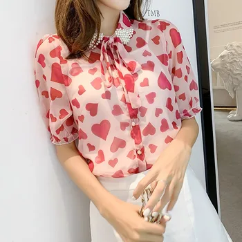 

Elegant Red Bow Tie Neck Ruffle Trim Petal Print Top Blouse short Women Summer 2019 Office Lady Workwear Blouses