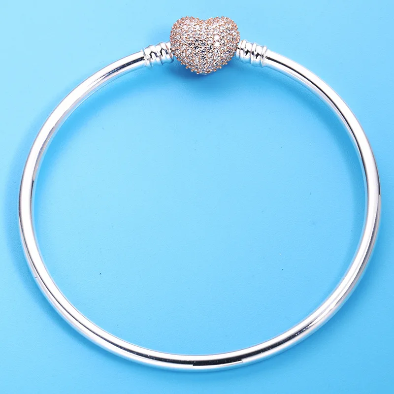 

925 Sterling Silver Rose Gold Moments Pave Heart Clasp Crystal Pan Bracelet Bangle Fit Women Bead Charm Diy Europe Jewelry