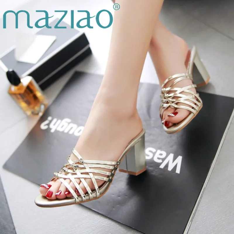 

MAZIAO Sandals Shoes Woman In Summer High Heels Slip-On Shoes Sexy Lady Contracted PU Party Three Colors Big Size Shoes 33-45