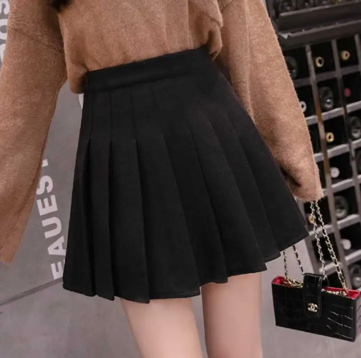 Для женщин юбки Повседневное леди Kawaii Ins Chic Высокая Талия Тонкий сплошной плиссированные юбки корейский Япония женский Корейская девушка днище для Для женщин - Цвет: Черный