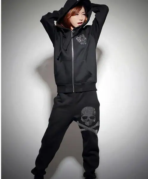 

Autumn winter women's leisure zipper hooded cotton cardigan long-sleeved pants skulls set auger leisure suit Scout Flower Print
