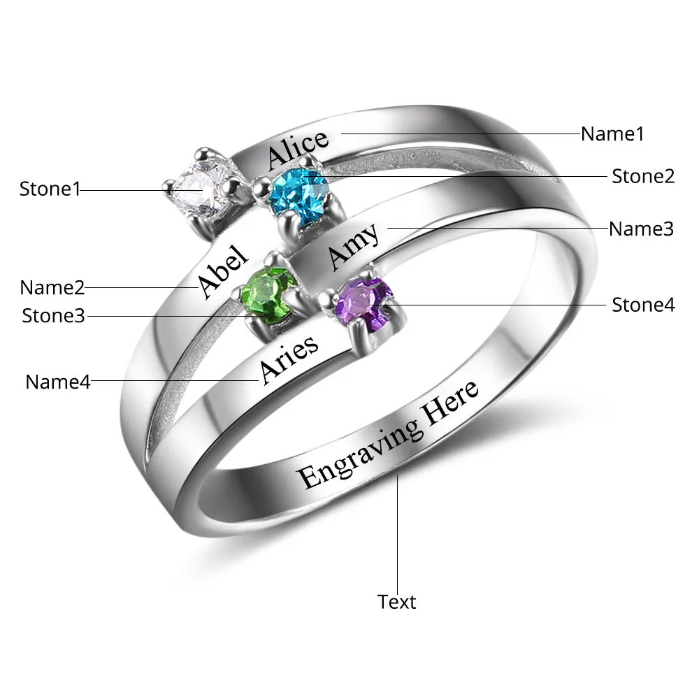 Amxiu на заказ любой размер кольцо персонализированные кольцо из стерлингового серебра 925 выгравировать четыре названия с камнями по рождению кольца для женщин подарок - Цвет основного камня: 4 names