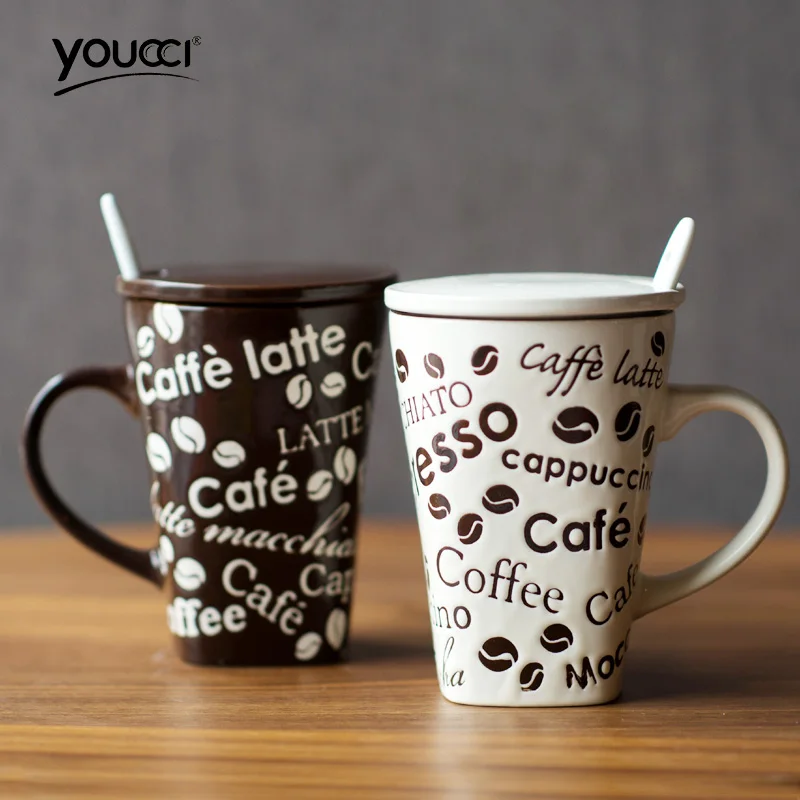 

350MLSquare Letter Coffee Cup Ceramic Cup Creative Mug with Lid SpoonHand-painted Cute Ceramic Mug Wedding Valentine's Day Gift