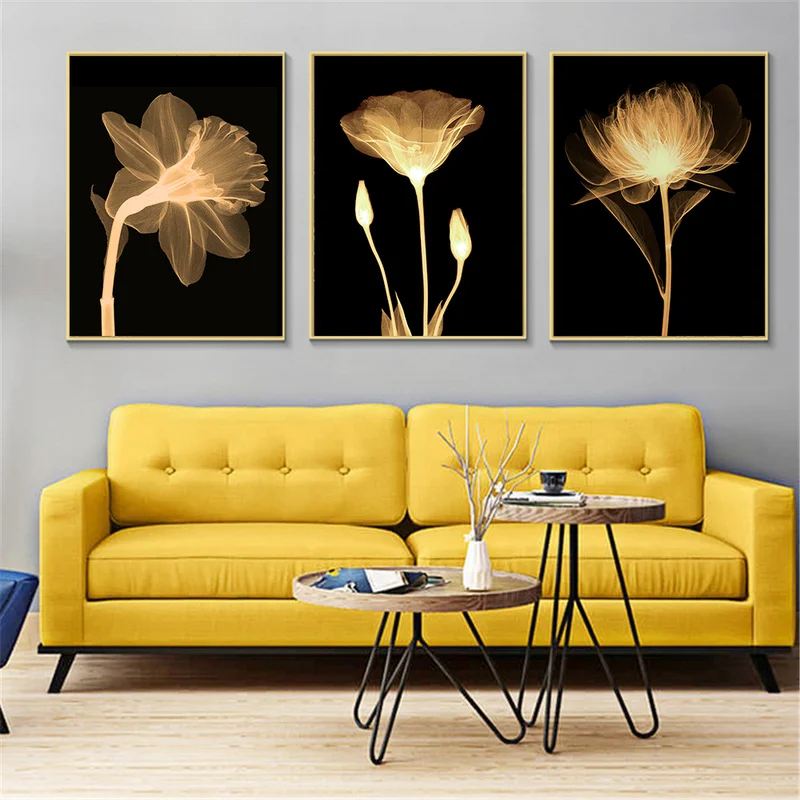 

Golden Yellow Flowers Poster Noridc X-ray Plants Painting Abstract Canvas Art Wall Pictures Living Room Decoration Maison
