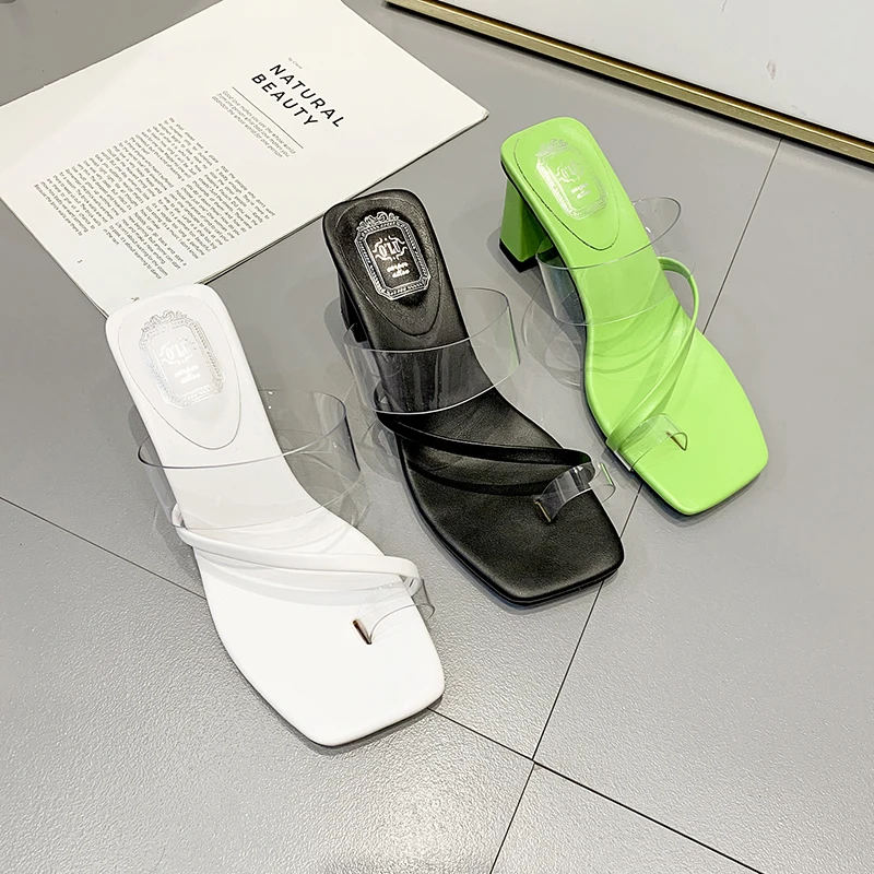 

Women Slippers Slip On Block High Heels 7cm Slide Sandals Clip Toe Summer Mules Transparent PVC Shoes Slides Sandals Flip Flops