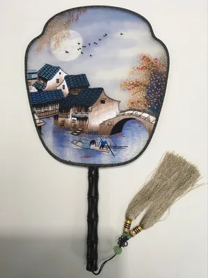 

Vintage Ebony Handle Gift Fan Traditional Craft Chinese Fan Painting Hand Double Embroidery Mulberry Silk Hand Fan Decoration