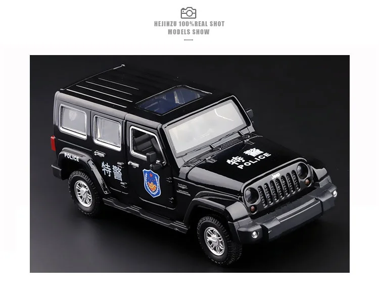 Высокая имитация, Изысканная модель 1/32 Jeep Wrangler SUV, полицейская модель автомобиля из сплава, мигающая музыкальная модель для детей, лучшие подарки, игрушки