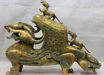 

song voge gem S1521 Chinese Bronze Gilt Brave troops Fu Foo Dog Lion Beast Zun Incense Burner Censer