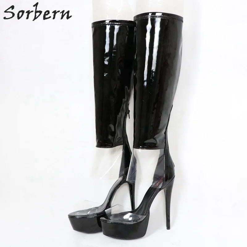 Sorbern/пикантные прозрачные женские сапоги из ПВХ с открытым носком Летние Стильные блестящие черные сапоги до колена дизайнерские сапоги на высоком каблуке под заказ