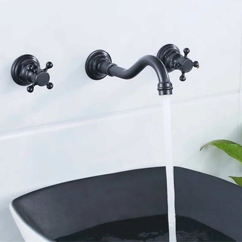 Wall-mounted black-ancient-black three-hole three-piece separated face basin faucet Wall-mounted black-ancient-black three-hole three-piece separated face basin faucet
