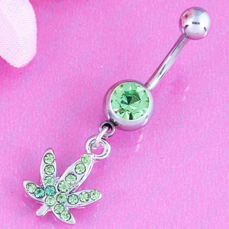 Retail Stainless Green Rhinestone Maple Leaf Navel Barbell Bar Belly