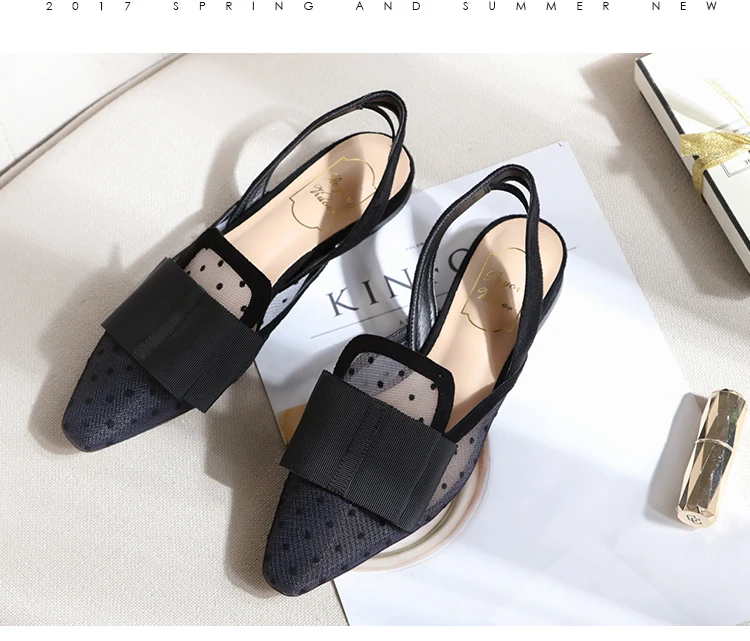 Kmeioo/классическая черная обувь, женские сандалии с ремешком сзади, обувь на плоской подошве с острым носком и бантом-бабочкой, офисная обувь в горошек для W