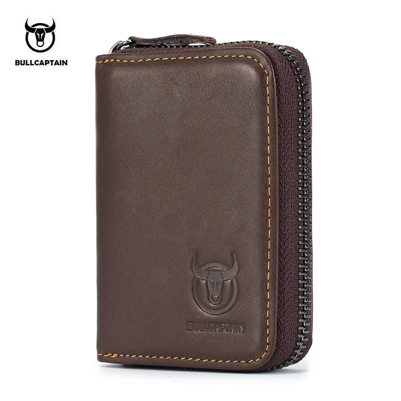 

BULLCAPTAIN Genuine Leather Women Men Wallet Card Pack Real Leather Zipper Card Case Holder Credit Card Bag Short Coin Purse