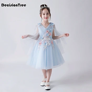 

2019 new girls teenage birthday party dress elegant floral princess ball gown blue lace flower tutu dress for weeding kids